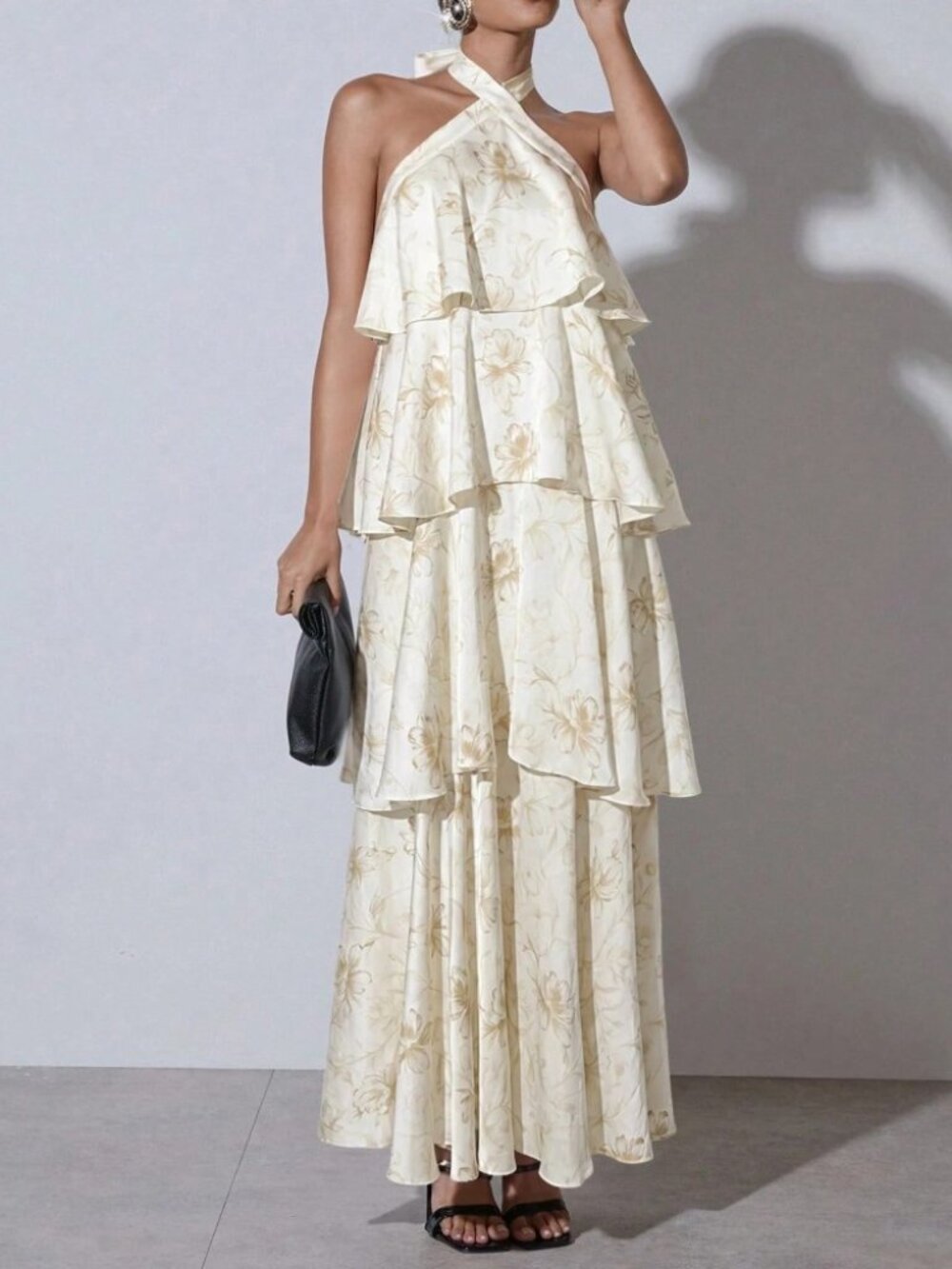 Cream Floral Halter Tiered Ruffle Maxi Dress